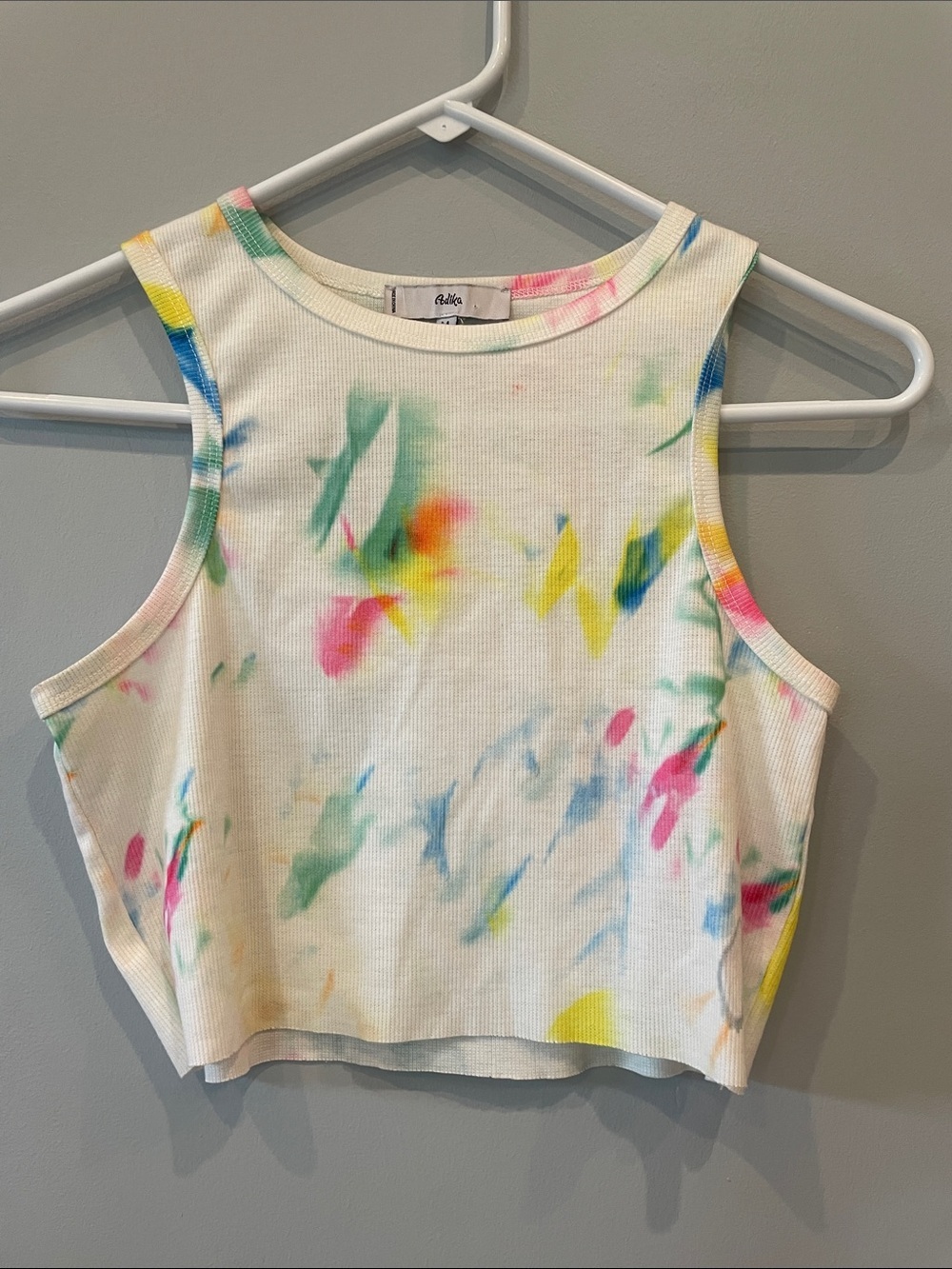 Yoga White Ribbed Cropped Tank with Multicolor Tie-Dye Splotches like new